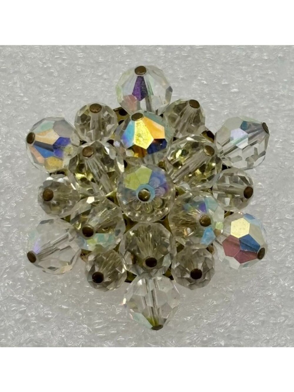 Vintage Aurora Borealis Crystal Brooch Japan Gold-Tone Metal Backing Mid-Century